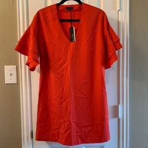 Solid Ruffled Trimmed V-neck New Red Dress Size Small
